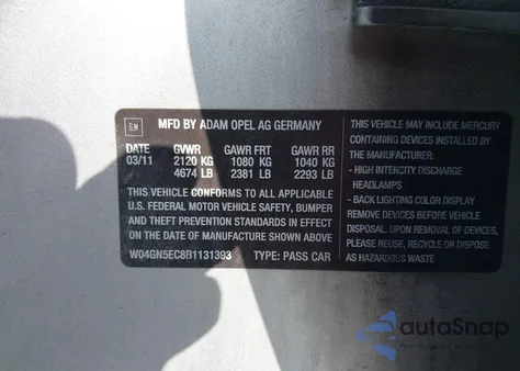 2011 Buick Regal Cxl Russelsheim z USA, uszkodzony, nr VIN W04GN5EC8B1131393